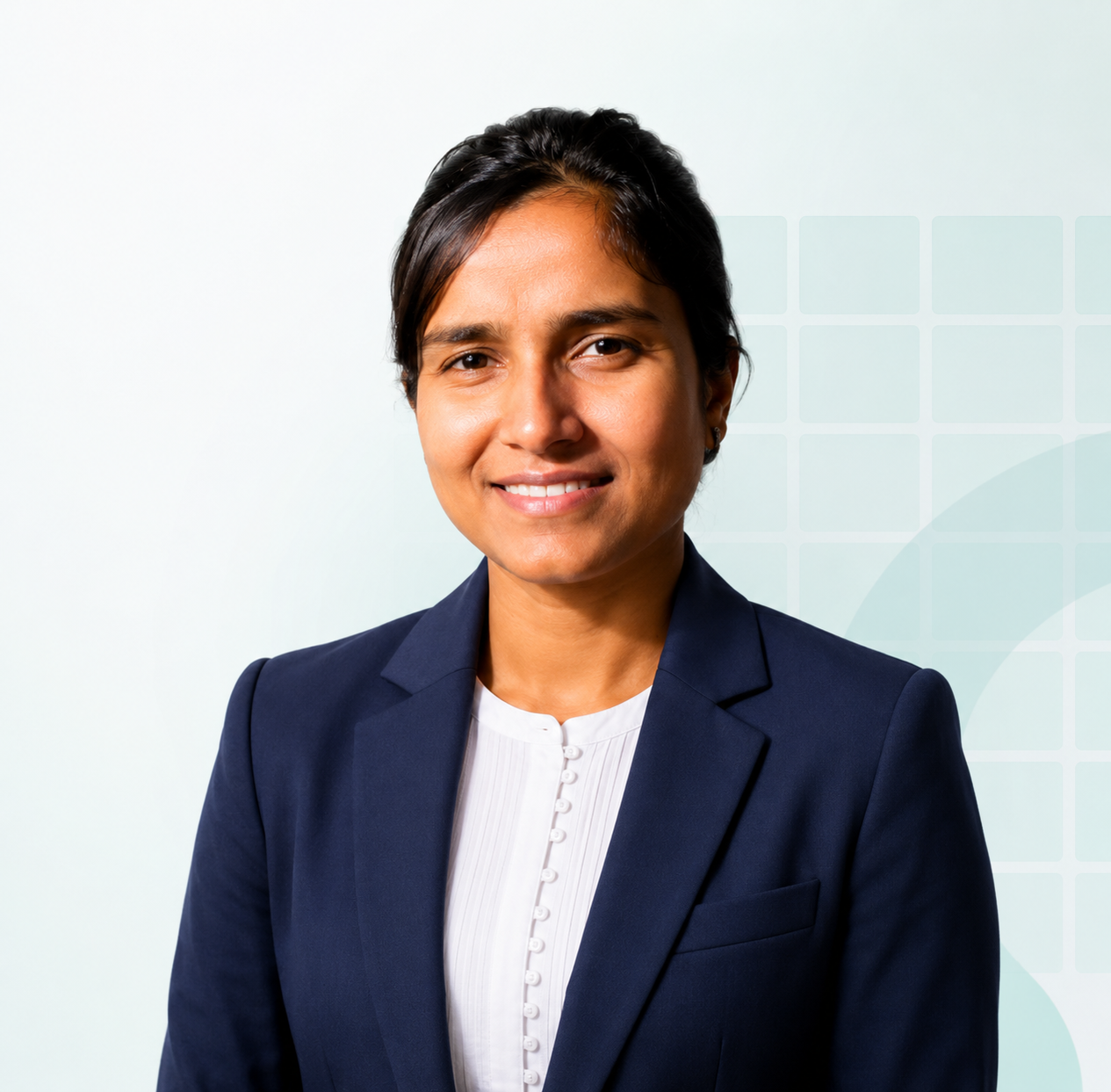 Sangeetha Sundaresan wearing a navy blazer
